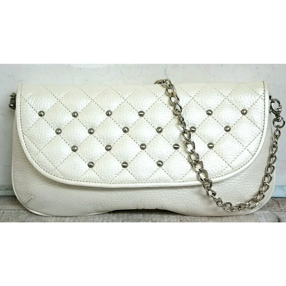 Arrow QUILTED STUDS PEARL IVORY GENUINE LEATHER FLAP SHOULDER BAG PURSE CLUTCH